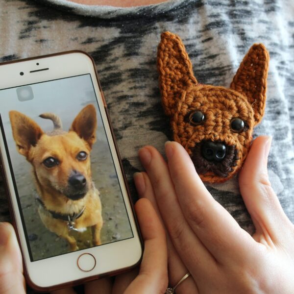 A personalised crocheted face of your pooch, created from your photographs and lovingly attached to a brooch pin.