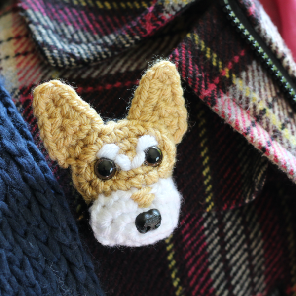 A personalised crocheted face of your pooch, created from your photographs and lovingly attached to a brooch pin.