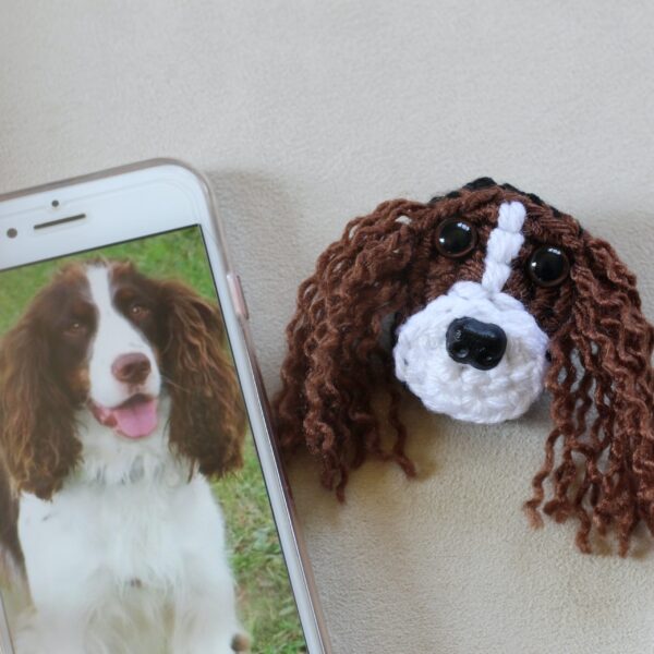 A personalised crocheted face of your pooch, created from your photographs and lovingly attached to a brooch pin.