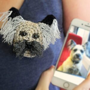 A personalised crocheted face of your pooch, created from your photographs and lovingly attached to a brooch pin.