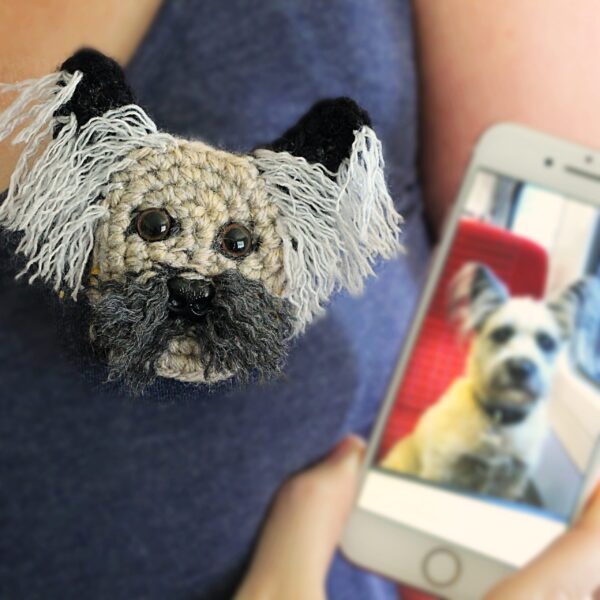 A personalised crocheted face of your pooch, created from your photographs and lovingly attached to a brooch pin.