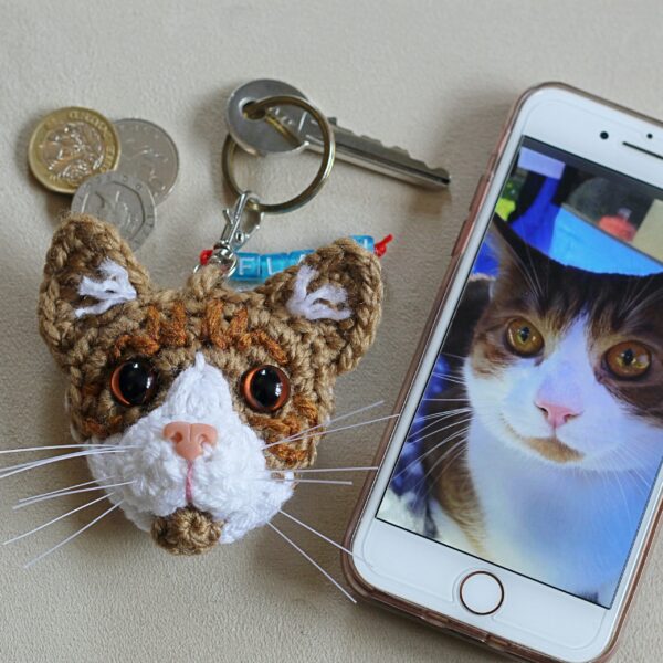 The perfect personalised letterbox gift for any cat parent - a crocheted replica of their best friend's face on a keyring, created from photographs.