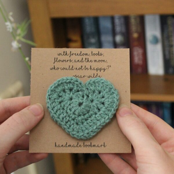 The perfect handcrafted stocking filler gift for any bookworm - a beautiful crocheted heart corner bookmark.