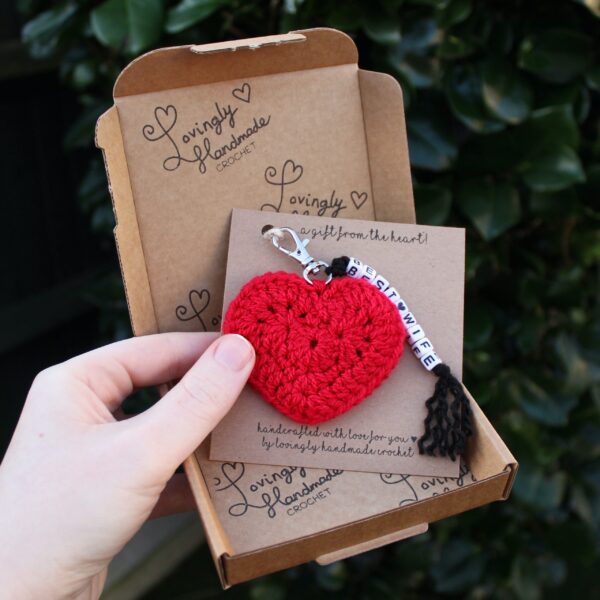 The perfect token and handcrafted 'gift from the heart' - a crocheted heart keyring for them to take wherever they go.