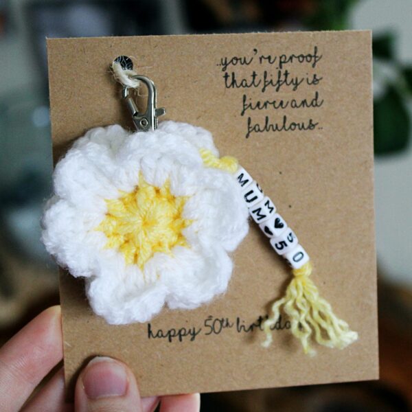 The perfect handcrafted gift for a special 40th, 50th, 60th or any other special birthday, a personalised beautiful crocheted flower keyring, always in perfect bloom.