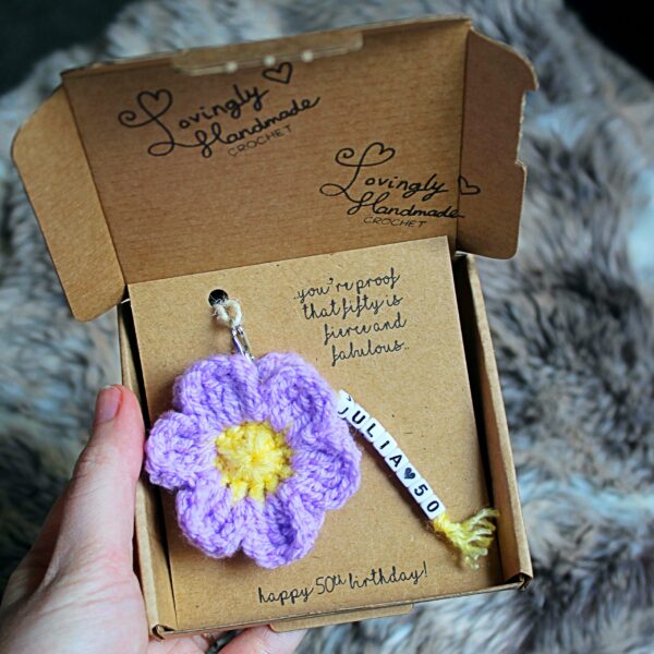 The perfect handcrafted gift for a special 40th, 50th, 60th or any other special birthday, a personalised beautiful crocheted flower keyring, always in perfect bloom.