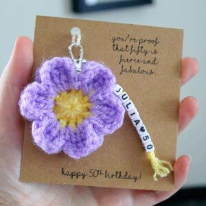 The perfect handcrafted gift for a special 40th, 50th, 60th or any other special birthday, a personalised beautiful crocheted flower keyring, always in perfect bloom.