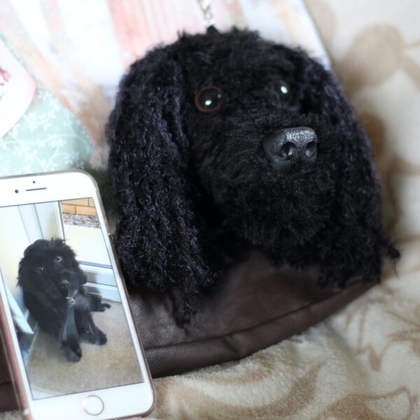 A personalised crochet soft toy head of your pooch created from photographs of your furry companion, lovingly attached to a hanging silver lobster clasp.