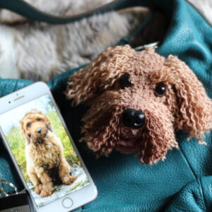 A personalised crochet soft toy head of your pooch created from photographs of your furry companion, lovingly attached to a hanging silver lobster clasp.