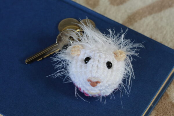 The perfect personalised gift for a small pet owner - a crocheted replica of their best friend's face, created from photographs, on a keyring.