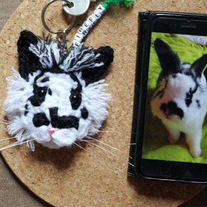 The perfect personalised gift for a small pet owner - a crocheted replica of their best friend's face, created from photographs, on a keyring.