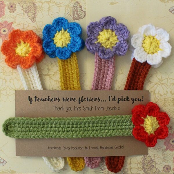 The perfect handcrafted thank you gift for any teacher - a beautiful crocheted flower bookmark.