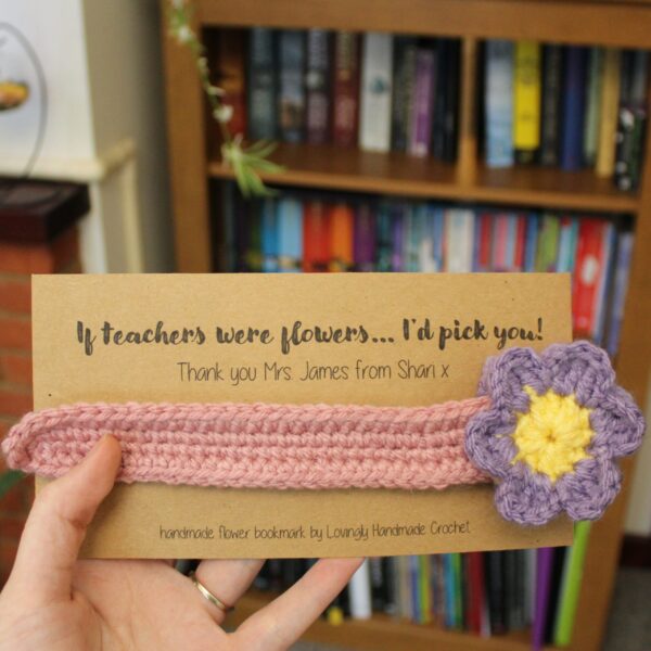 The perfect handcrafted thank you gift for any teacher - a beautiful crocheted flower bookmark.