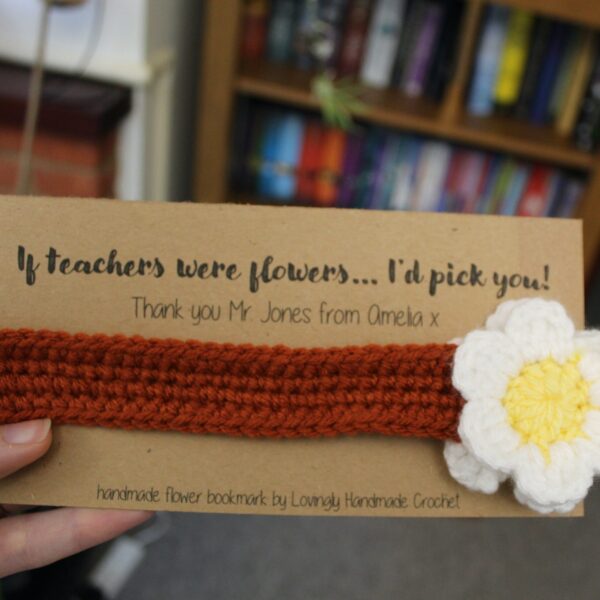 The perfect handcrafted thank you gift for any teacher - a beautiful crocheted flower bookmark.