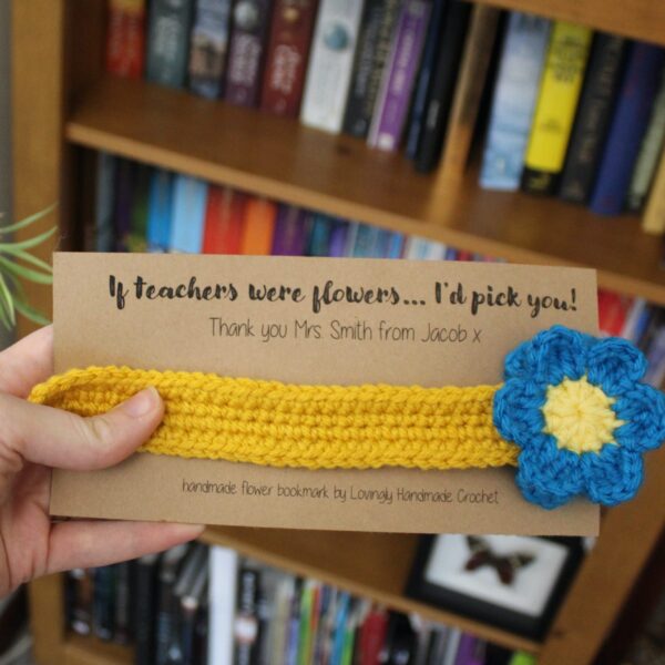 The perfect handcrafted thank you gift for any teacher - a beautiful crocheted flower bookmark.