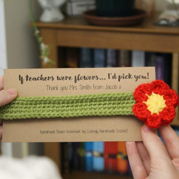 The perfect handcrafted thank you gift for any teacher - a beautiful crocheted flower bookmark.